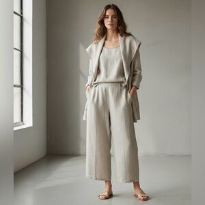 NEW i.c Collection Connie Sz L USA Linen Beige Jacket, Tank Top, & Pants 3pc Set